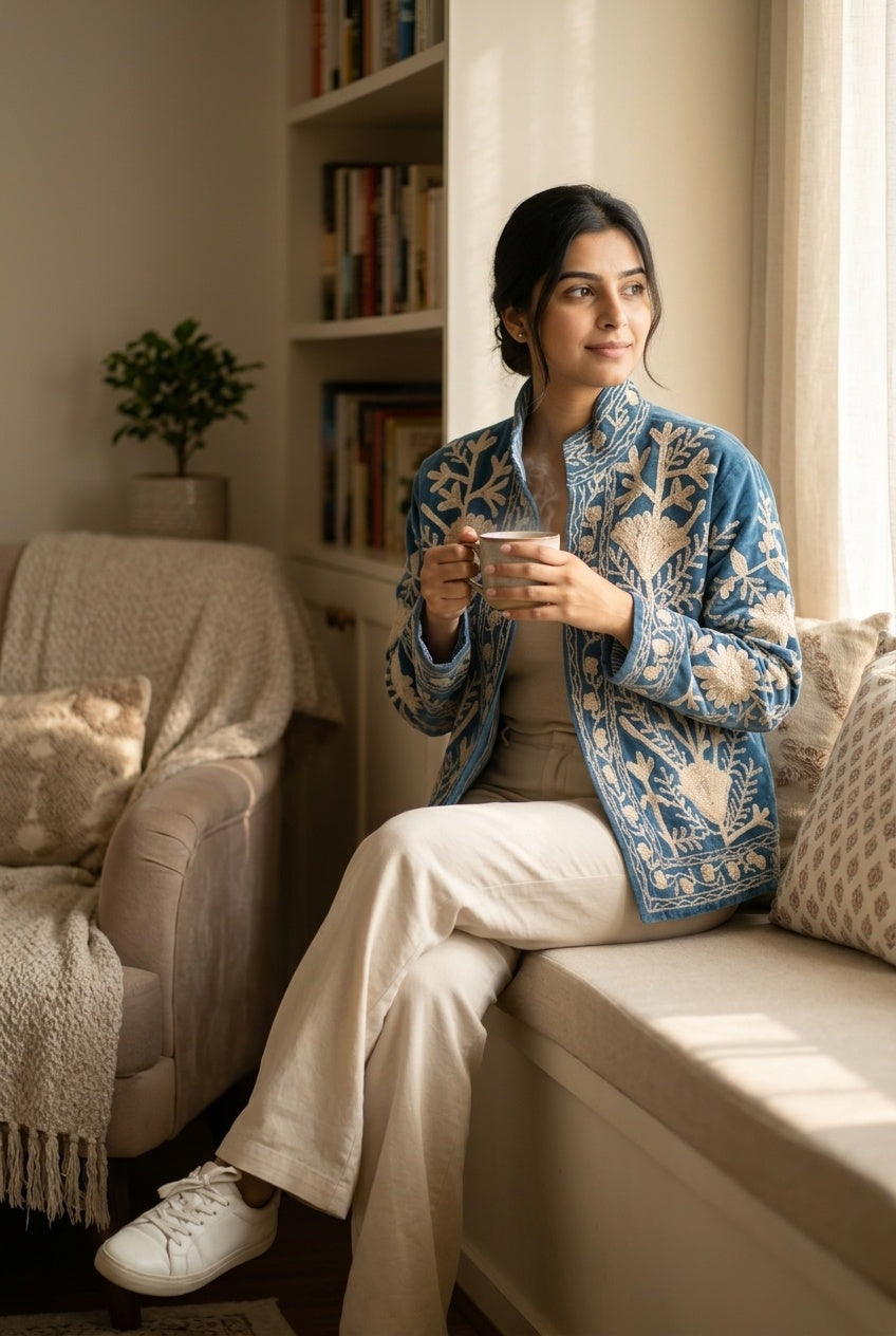 The Tulip Steppe — Suzani Hand-Embroidered Velvet Jacket — Steel Blue with Ivory Tulip Blooms