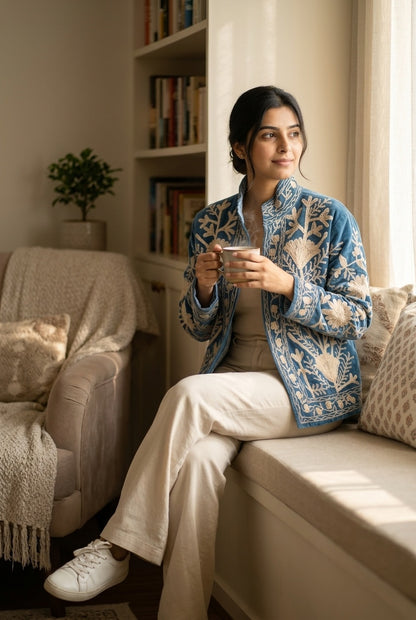 The Tulip Steppe — Suzani Hand-Embroidered Velvet Jacket — Steel Blue with Ivory Tulip Blooms