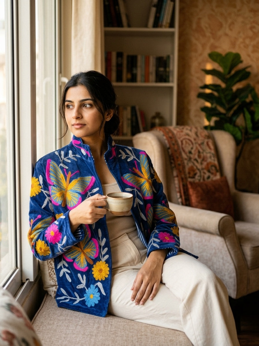 The Parwana Raat — Suzani Hand-Embroidered Velvet Jacket — Midnight Navy with Marigold & Fuchsia Butterflies