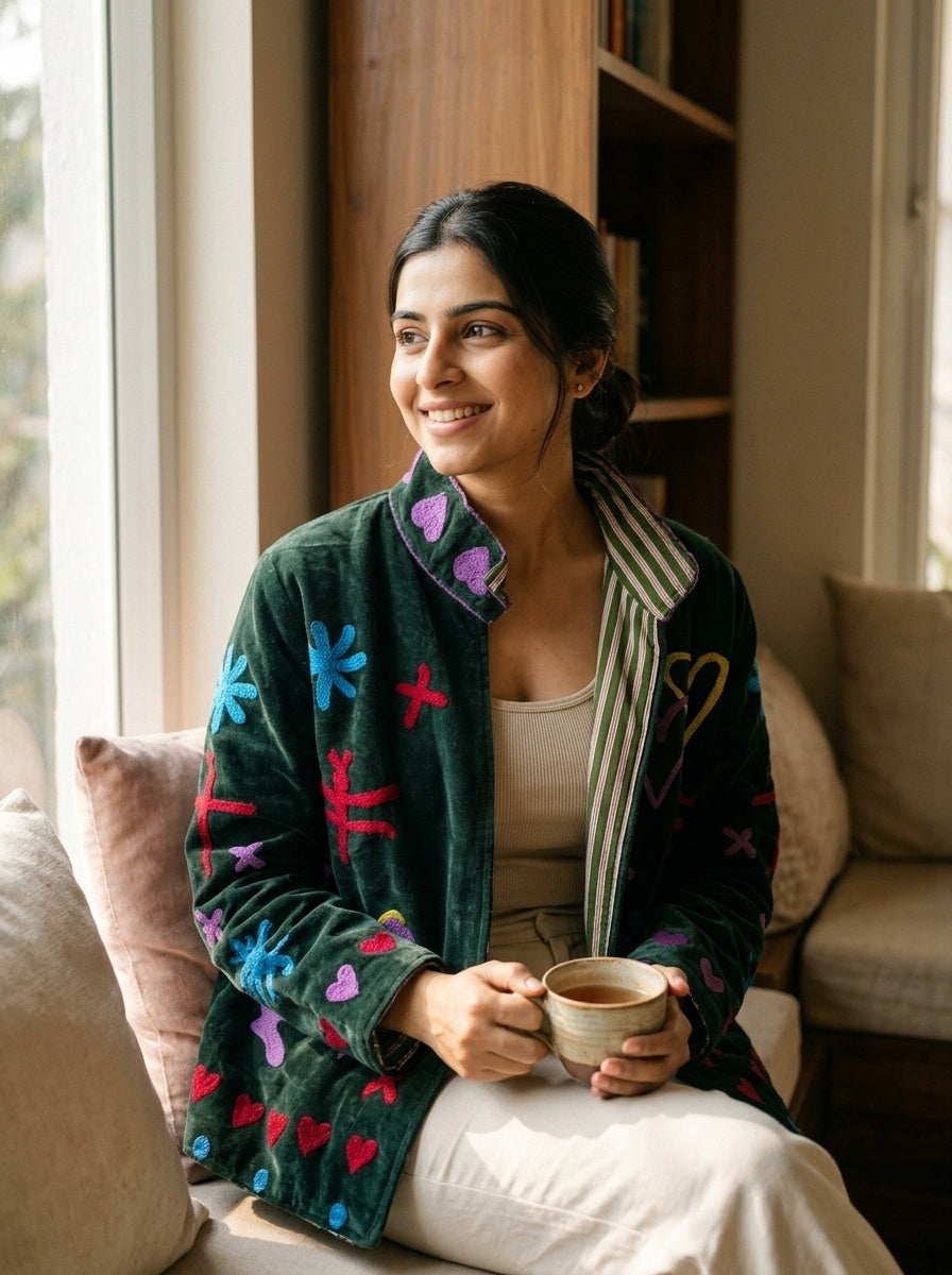 The Ghoda Yatra — Suzani Hand-Embroidered Velvet Jacket — Forest Green with Horse, Heart & Sunburst Motifs