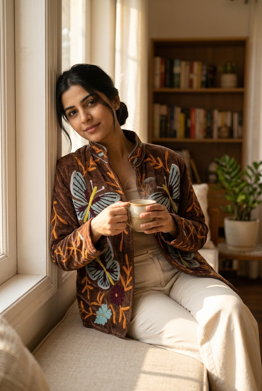 The Titli Meadow — Suzani Hand-Embroidered Velvet Jacket — Espresso Brown with Sage Butterflies & Marigold Vines