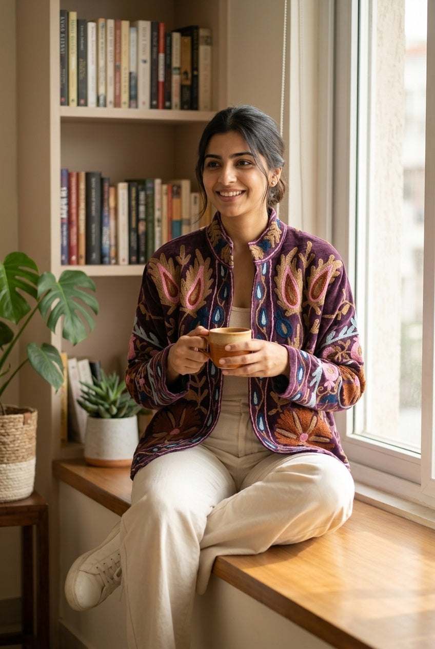 The Shiraz Anar — Suzani Hand-Embroidered Velvet Jacket — Aubergine Plum with Rust, Pink & Teal Florals