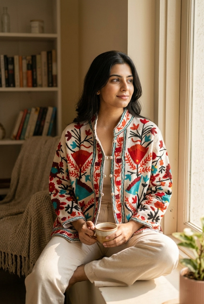 The Anaar Bloom — Suzani-Embroidered Cotton Jacket — Ivory with Crimson & Turquoise