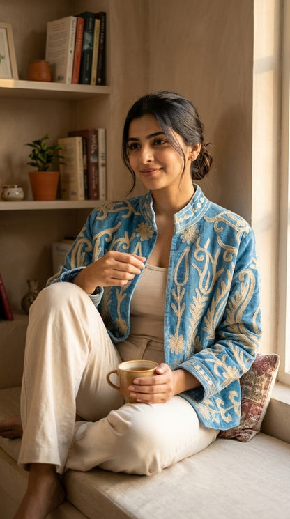 The Samarkand Peacock — Suzani Embroidered Velvet Jacket — Cerulean Blue