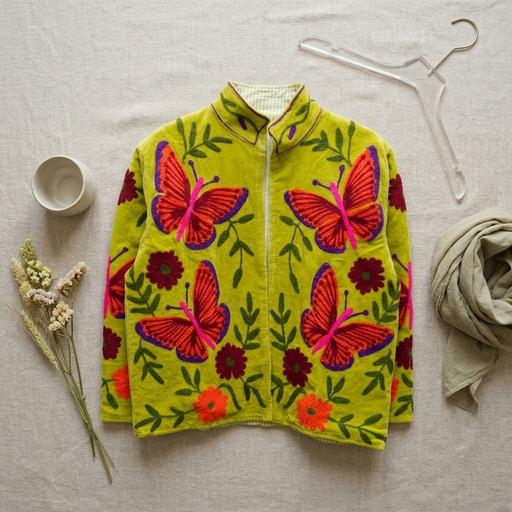 The Titli Chaman — Suzani Hand-Embroidered Velvet Jacket — Chartreuse Green with Crimson Butterflies & Garnet Florals