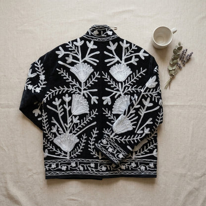 The Shabnam Bostan — Suzani Hand-Embroidered Cotton Jacket — Midnight Black with Ivory Tulip Vines