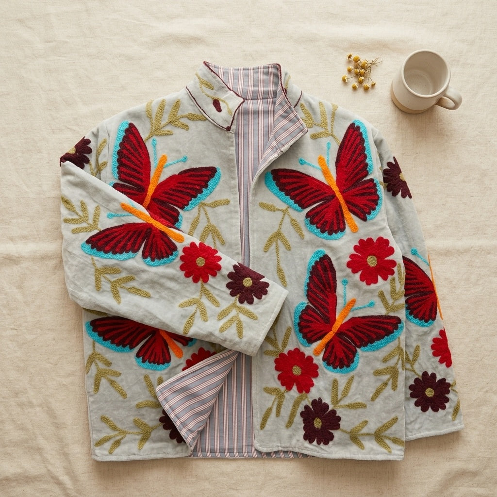 The Titli Chandni — Suzani Hand-Embroidered Velvet Jacket — Ice Grey with Crimson Butterflies & Ruby Florals