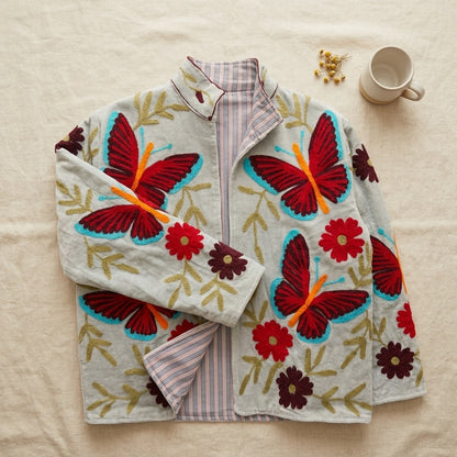 The Titli Chandni — Suzani Hand-Embroidered Velvet Jacket — Ice Grey with Crimson Butterflies & Ruby Florals