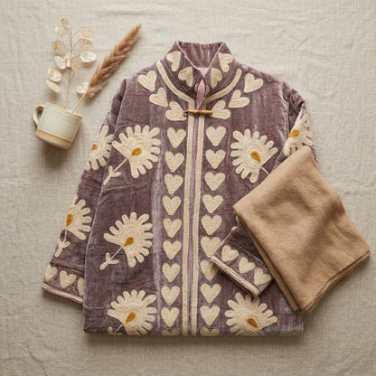The Dusktide Suzani — Hand-Embroidered Velvet Kimono Jacket — Mauve Taupe with Ivory Daisies