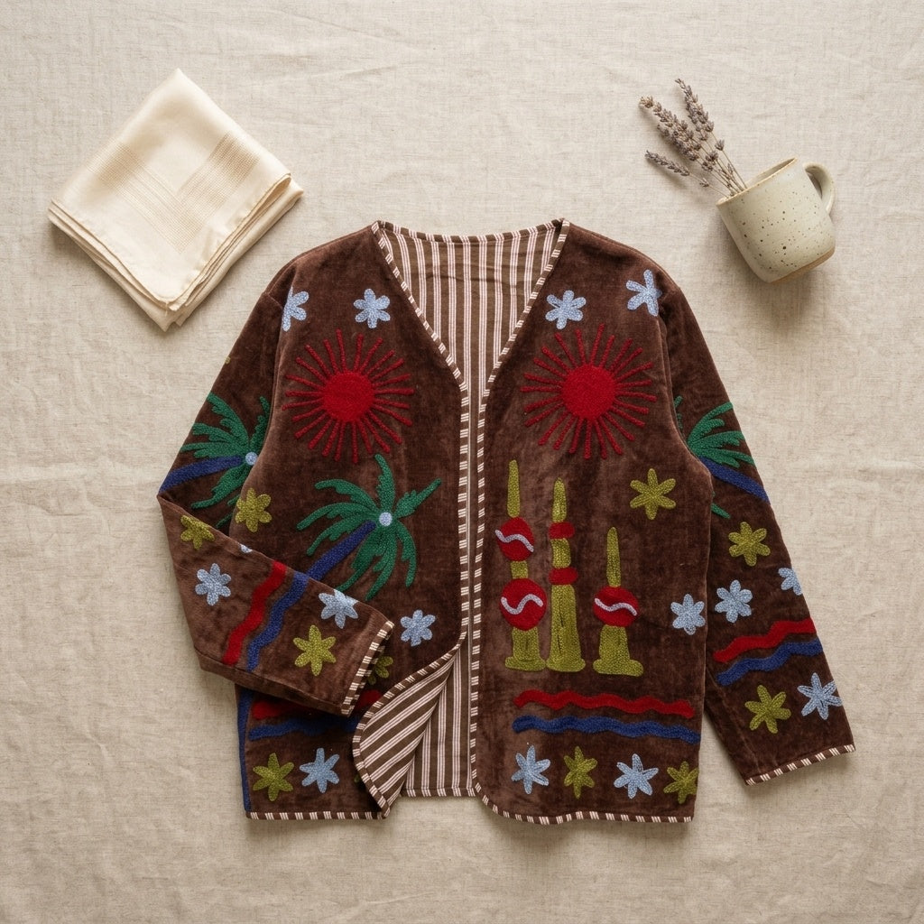 The Desert Sun Wrap — Suzani-Embroidered Velvet Jacket — Espresso Brown