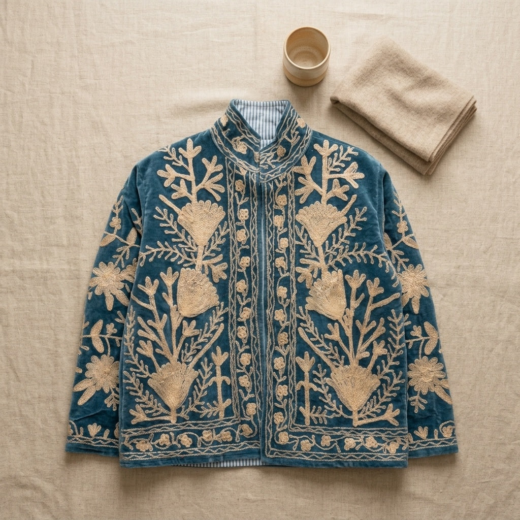 The Tulip Steppe — Suzani Hand-Embroidered Velvet Jacket — Steel Blue with Ivory Tulip Blooms