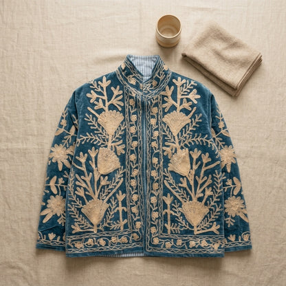 The Tulip Steppe — Suzani Hand-Embroidered Velvet Jacket — Steel Blue with Ivory Tulip Blooms