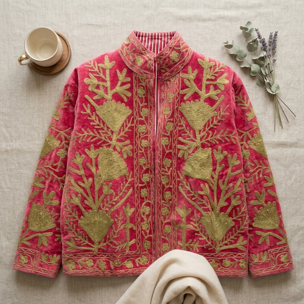 The Anarkali Vine — Suzani Hand-Embroidered Velvet Jacket — Rani Pink with Olive Gold Pomegranates