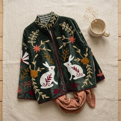 The Moonlit Hare — Suzani Embroidered Velvet Jacket — Forest Green