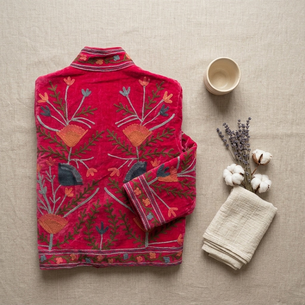 The Rani Reflection — Suzani Hand-Embroidered Velvet Jacket — Rani Pink with Rust, Slate & Olive Florals