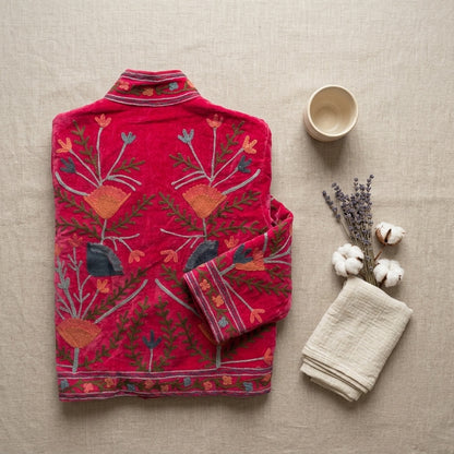 The Rani Reflection — Suzani Hand-Embroidered Velvet Jacket — Rani Pink with Rust, Slate & Olive Florals