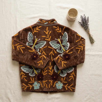 The Titli Meadow — Suzani Hand-Embroidered Velvet Jacket — Espresso Brown with Sage Butterflies & Marigold Vines