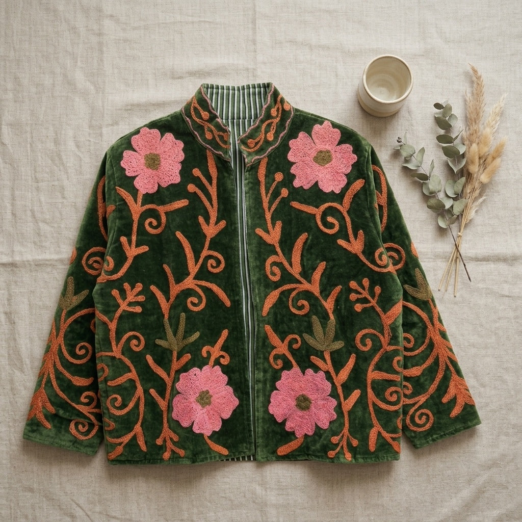 The Bagh-e-Gulab — Suzani Embroidered Velvet Jacket — Moss Green with Blossom Pink