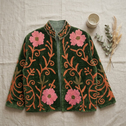 The Bagh-e-Gulab — Suzani Embroidered Velvet Jacket — Moss Green with Blossom Pink