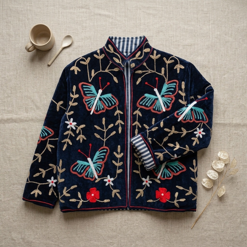 The Titli Bagh — Suzani Hand-Embroidered Velvet Jacket — Midnight Navy with Turquoise Butterflies & Gold Vines