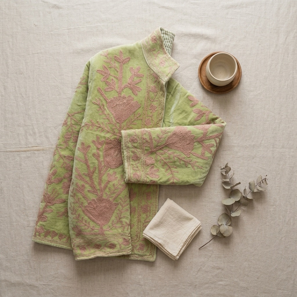 The Pista Bostan — Suzani Hand-Embroidered Velvet Jacket — Pistachio Green with Dusty Rose Florals