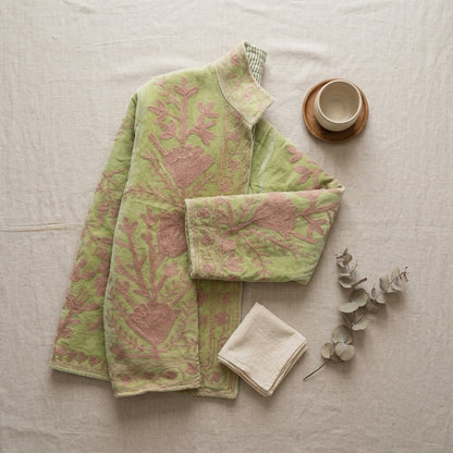 The Pista Bostan — Suzani Hand-Embroidered Velvet Jacket — Pistachio Green with Dusty Rose Florals