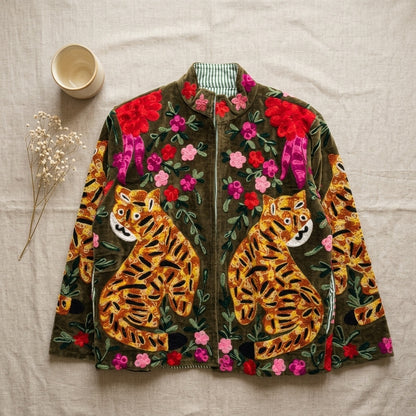 The Bagh Rakshak — Suzani Embroidered Velvet Jacket — Moss Green with Marigold Tigers