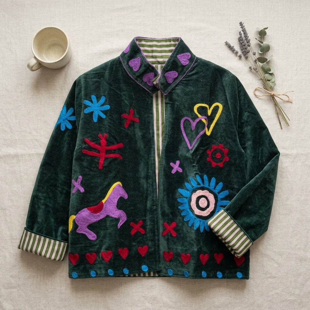 The Ghoda Yatra — Suzani Hand-Embroidered Velvet Jacket — Forest Green with Horse, Heart & Sunburst Motifs