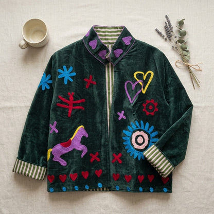 The Ghoda Yatra — Suzani Hand-Embroidered Velvet Jacket — Forest Green with Horse, Heart & Sunburst Motifs