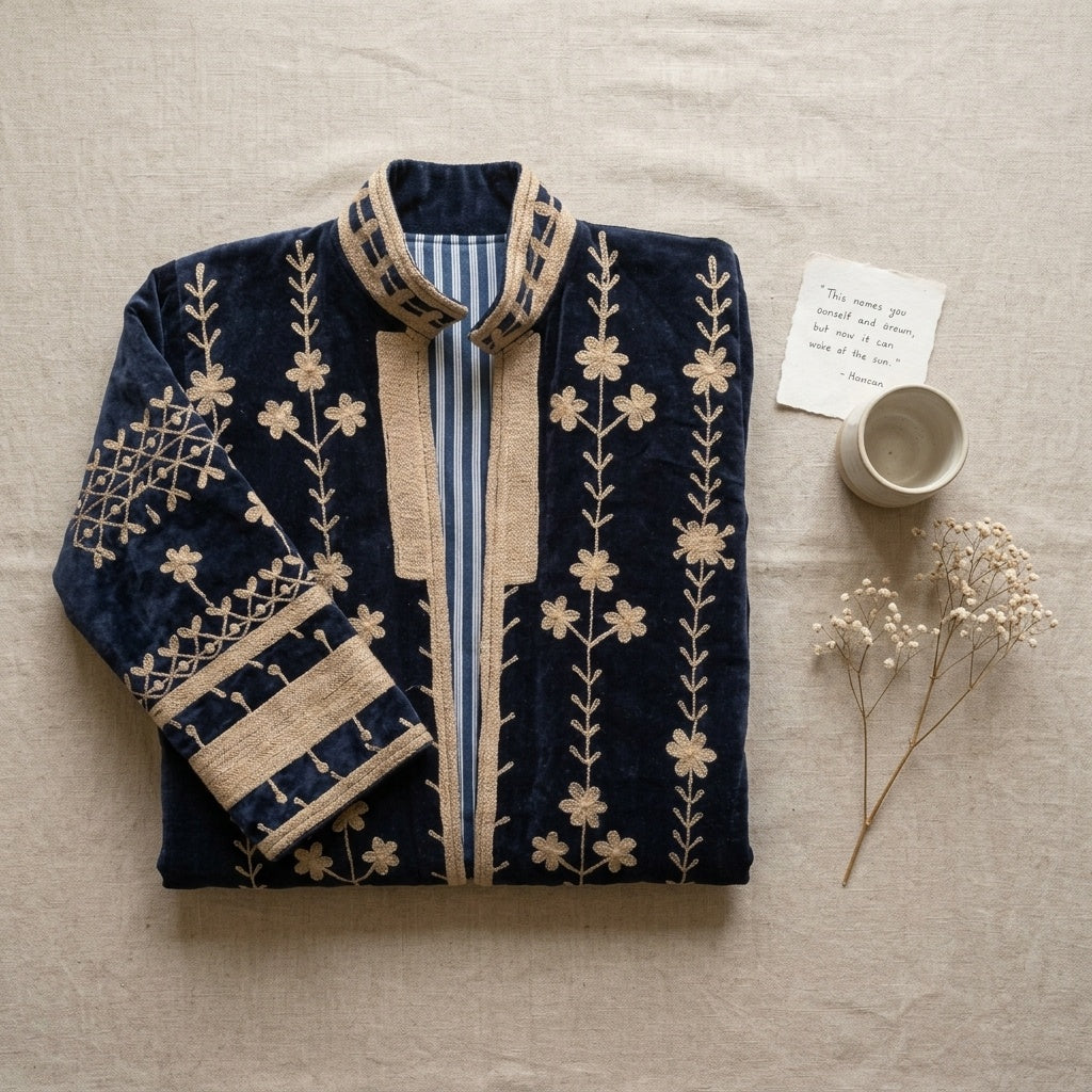 The Midnight Vine — Suzani Hand-Embroidered Velvet Kimono — Navy & Antique Gold