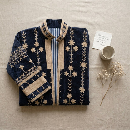 The Midnight Vine — Suzani Hand-Embroidered Velvet Kimono — Navy & Antique Gold