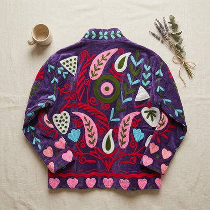 The Zafira Bloom — Suzani Hand-Embroidered Velvet Jacket — Deep Purple with Rose Pink & Turquoise Motifs
