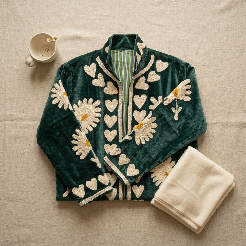 The Daisy Meadow Kimono — Suzani Chainstitch Velvet Jacket — Forest Green with Ivory Daisies