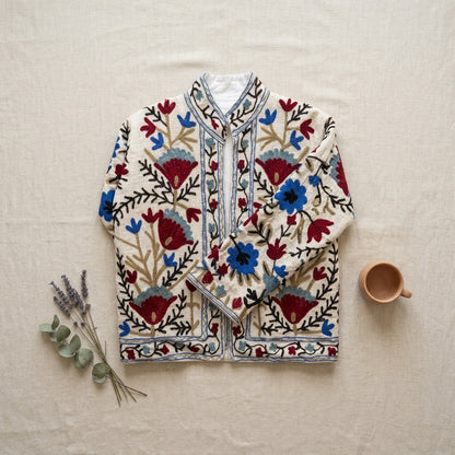 The Bagh-e-Suzani — Hand-Embroidered TNT Cotton Jacket — Ivory with Maroon & Indigo Florals