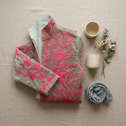 The Sagewood Bloom — Suzani Hand-Embroidered Velvet Jacket — Sage Green with Rani Pink Florals