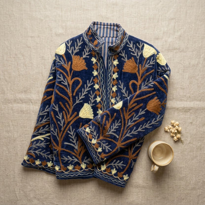 The Midnight Meadow — Suzani Hand-Embroidered Velvet Jacket — Indigo Blue with Ivory & Rust Florals