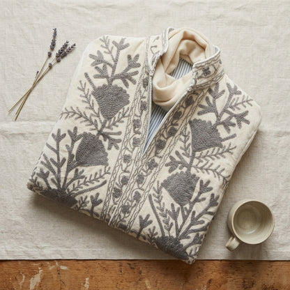 The Kashida Snowfield — Suzani Hand-Embroidered Velvet Jacket — Ivory with Dove Grey Florals