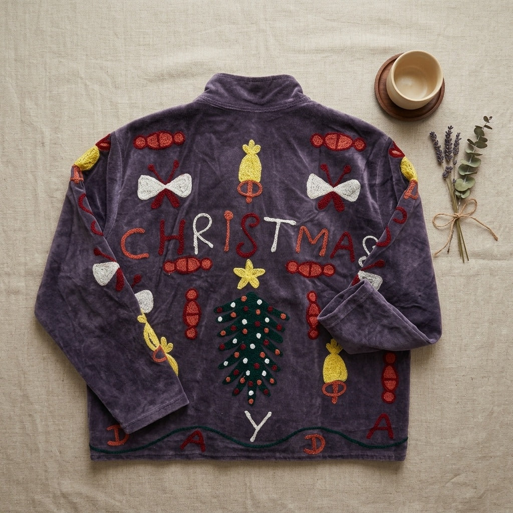 The Winter Carnival — Hand-Embroidered Velvet Jacket — Slate Grey with Festive Motifs