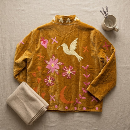 The Chidiya Bagh — Suzani Hand-Embroidered Velvet Jacket — Mustard Gold with Ivory Hummingbird & Rose Florals