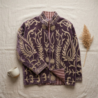 The Samarkand Bloom — Suzani-Embroidered Velvet Jacket — Dusk Mauve with Ivory Vinework