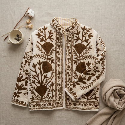 The Zaitoon Bostan — Suzani Hand-Embroidered Velvet Jacket — Ivory with Olive Brown Florals