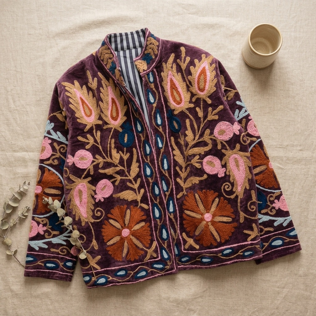 The Shiraz Anar — Suzani Hand-Embroidered Velvet Jacket — Aubergine Plum with Rust, Pink & Teal Florals