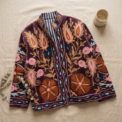 The Shiraz Anar — Suzani Hand-Embroidered Velvet Jacket — Aubergine Plum with Rust, Pink & Teal Florals