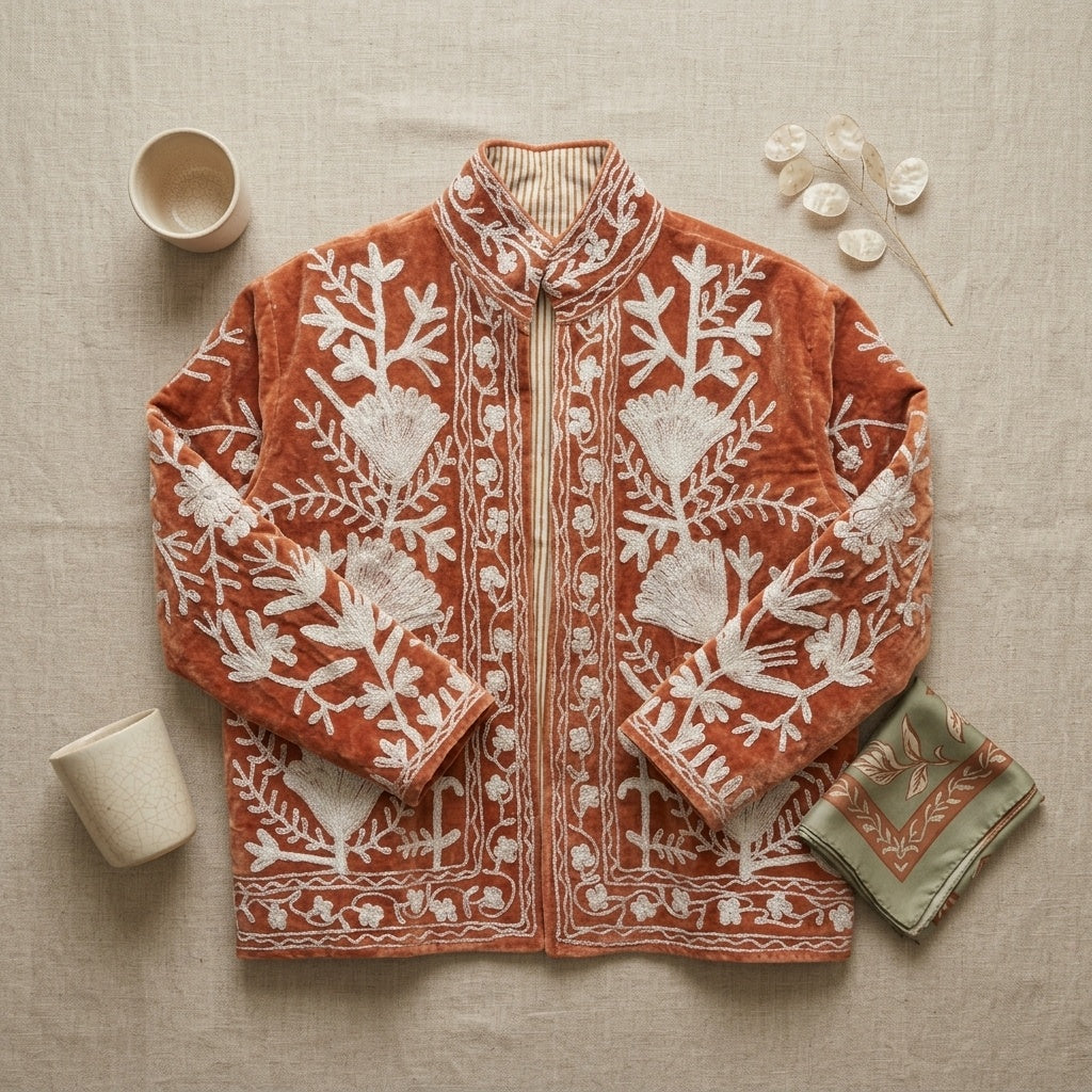 The Rustan Tulip — Suzani Hand-Embroidered Velvet Jacket — Rust Brown with Ivory Floral Vinework