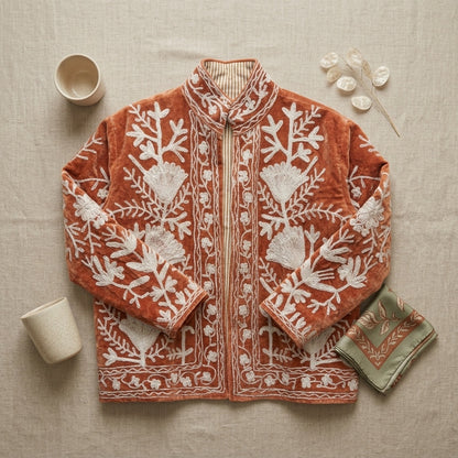 The Rustan Tulip — Suzani Hand-Embroidered Velvet Jacket — Rust Brown with Ivory Floral Vinework