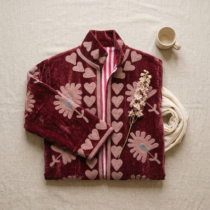 The Rani Bloom — Aari Chainstitch Velvet Kimono — Maroon with Dusty Rose Embroidery
