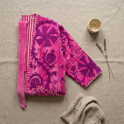 The Anarkali Bloom — Suzani Hand-Embroidered Velvet Kimono — Fuchsia Pink with Violet Pomegranate Motifs