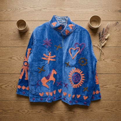 The Ashwa Mela — Suzani Hand-Embroidered Velvet Jacket — Cornflower Blue with Coral, Violet & Olive Folk Motifs