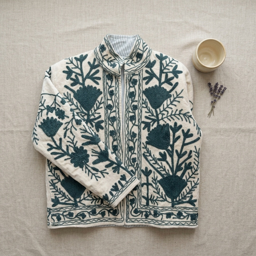The Zumrud Bagh — Suzani Hand-Embroidered Velvet Jacket — Ivory with Deep Teal Florals