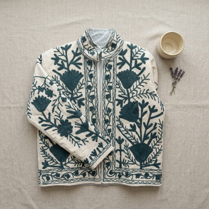 The Zumrud Bagh — Suzani Hand-Embroidered Velvet Jacket — Ivory with Deep Teal Florals
